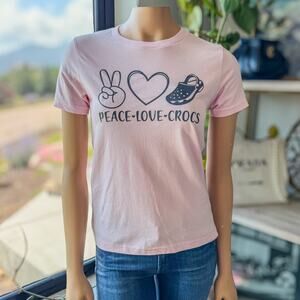 Peace Love Crocs, Pink Short Sleeve Bella+Canvas T-Shirt, Youth Large/14-16